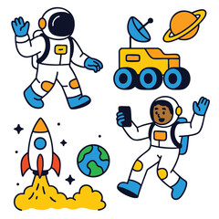 Astronaut, rocket, rover, planet, and satellite in space with cheerful expressions