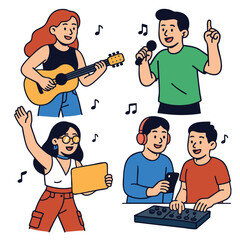 Group of young people playing guitar, singing, DJ mixing, and enjoying music together