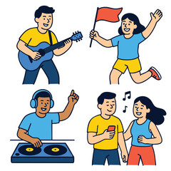 Group of people playing guitar, waving flag, DJing, and dancing happily at music event