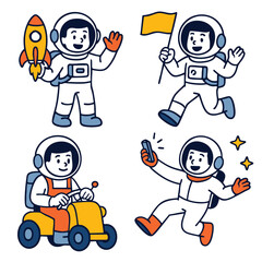 Astronaut cartoon, space suit, waving, holding rocket, flag, driving, taking selfie