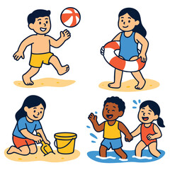 Children playing beach ball, swimming, building sandcastle, and splashing water, joyful summer