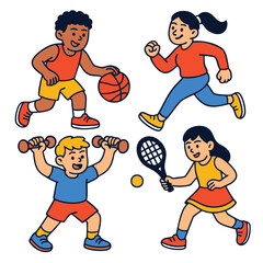 Children playing basketball, running, weightlifting, and tennis, showing active and happy