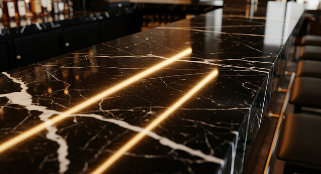 Elegant black marble bar counter mockup with empty space for product placement, set against a blurred upscale restaurant background, perfect for beverage and luxury branding visuals.