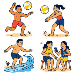 Beach summer people playing volleyball surfing relaxing happy mood