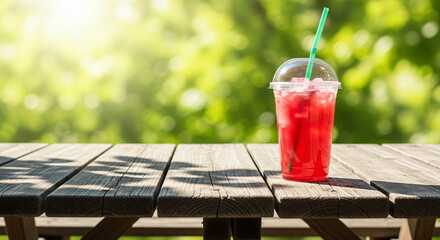 Refreshing watermelon juice cup and fruit slice on wooden picnic table. relaxing outdoor summer scene with bright sunlight and natural green background