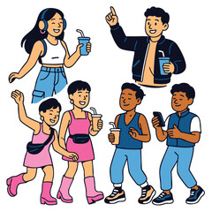 Group of happy young people drinking, walking, talking, and using phone, casual fashion style