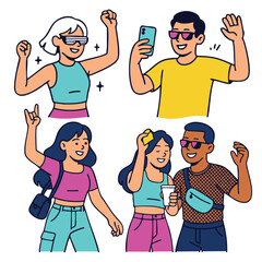 Group of happy people dancing, taking selfie, smiling, wearing colorful casual clothes