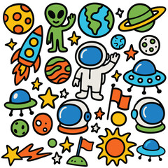 Astronaut alien rocket planet spaceship helmet flag sun star moon comet space
