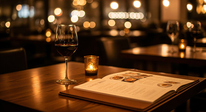 A glass of red wine on a wooden table with a decorative lamp and blurred background in a fancy room.