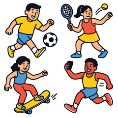 Children playing soccer, tennis, skateboarding, and running, showing active and joyful