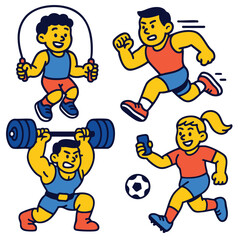 Children exercising, skipping rope, running, weightlifting, playing soccer, energetic, happy