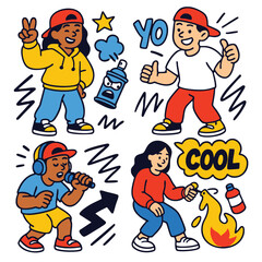 Hip hop cartoon urban youth graffiti rap dance street art energetic fun cool vibe