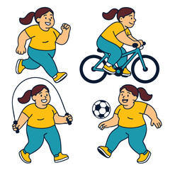 Active girl running, cycling, skipping rope, playing soccer, smiling, wearing yellow shirt