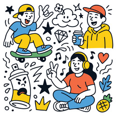 Teenager skateboard headphones coffee doodle happy urban casual style