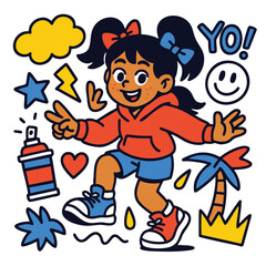 Cheerful girl in red hoodie and blue shorts surrounded by playful doodles, peace sign, and smiley