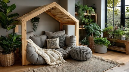 Interior with wooden house structure containing cushions pillows and plants.