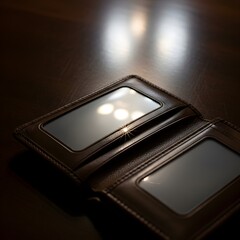 An open leather wallet with two empty transparent plastic card slots on a dark wooden surface, illuminated by soft light creating reflections and shadows