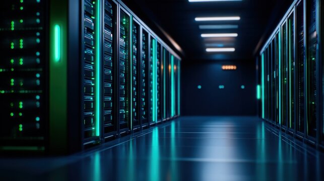 Modern Data Center Corridor with Glowing Server Racks