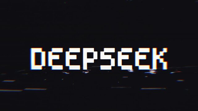 DEEPSEEK Glitch Text Animation on Black Background. Retro pixel art with glitch, RGB split, and VHS effects.