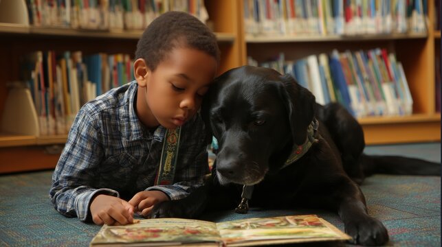 A boy lies on the floor with a black dog in the library, reading a book together, showcasing learning and companionship.