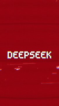 pixelated DEEPSEEK title animation with chromatic aberration and VHS distortions. Perfect for captivating intros, retro gaming, tech videos, or projects exploring data and secrets in 4K.