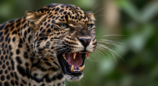 Roaring leopard portrait exhibiting raw power and feline dominance within wild nature