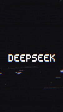 DEEPSEEK Glitch Text Animation on Black Background. Retro pixel art with glitch, RGB split, and VHS effects.