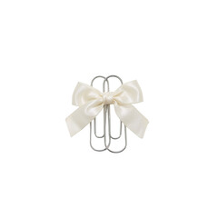 Elegant stationary arrangement showcasing silver paperclips adorned with a creamy bow against