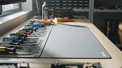 A well-organized workstation featuring tools and components for computer repair in a modern tech environment