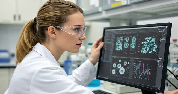 Scientist Analyzing Data on Computer Screen in Laboratory Environment.