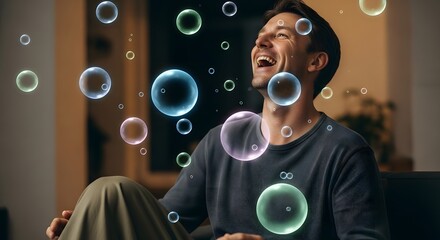 A joyful young man enjoying a moment of happiness surrounded by colorful floating bubbles indoors