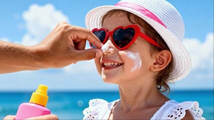 Applying sunscreen to a happy little girls nose wearing heart-shaped sunglasses for sun protection and summer fu - Powered by Adobe