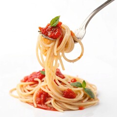 Fork Holding Spaghetti with Tomato Sauce &ndash; Isolated on White