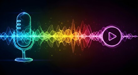 A vibrant digital illustration featuring a microphone and colorful sound waves leading to a play button symbolizing audio and music streaming technology