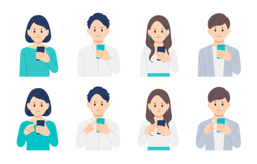 スマホを持つ･操作する若い男女のセット【人物ベクターイラスト素材】