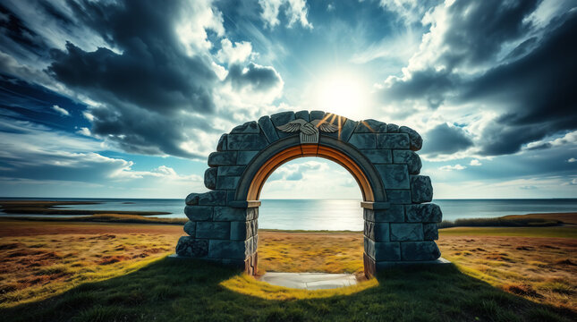 Ancient Stone Archway with an Engraved Eagle Symbol Standing in a Grassy Coastal Field, Framing the Bright Sunlight and Horizon Over the Ocean Under a Dramatic Cloudy Blue Sky, Representing Gateway - Powered by Adobe