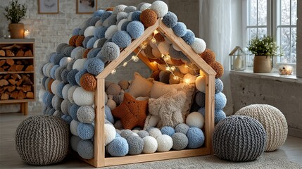 Play house made of balls with pillows and lights indoors.