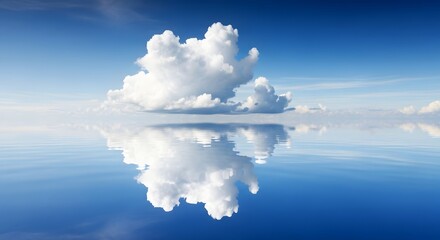 A stunning image of a large, fluffy white cloud reflected perfectly on a calm, mirror-like body of water under a clear blue sky with minimal clouds in the background