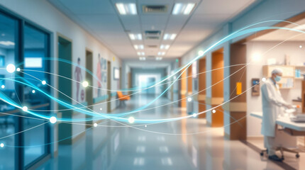  Blurry Hospital Hallway with Medical Professionals and Patient Rooms, Featuring an Overlay of Glowing Blue and White Data Waves, Highlighting Health Informatics, Digital Records, and Modern Medical