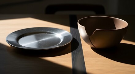 A minimalist still life image featuring a metallic plate and a ceramic bowl placed on a wooden surface with natural sunlight casting shadows