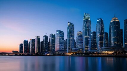 Stunning night cityscape with vibrant reflections on the water creating a modern and dynamic urban scene perfect for travel or business ventures - Powered by Adobe