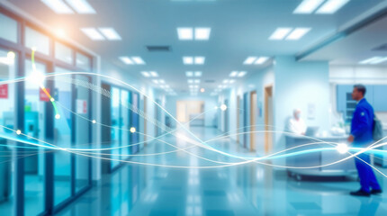 Futuristic Blurred Hospital or Clinic Corridor with Doctors and Nurses, Overlaid with Abstract Glowing Blue Data Waves and Light Trails, Illustrating Healthcare Technology, Digital Transformation