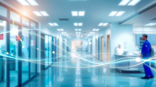 Futuristic Blurred Hospital or Clinic Corridor with Doctors and Nurses, Overlaid with Abstract Glowing Blue Data Waves and Light Trails, Illustrating Healthcare Technology, Digital Transformation - Powered by Adobe