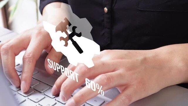 Close-up of female hands typing on a laptop with a fill icon displaying a percentage of technical support.