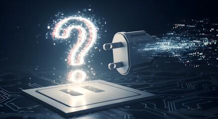 A futuristic digital illustration of a power outlet with a glowing question mark and digital particles representing technology and inquiry