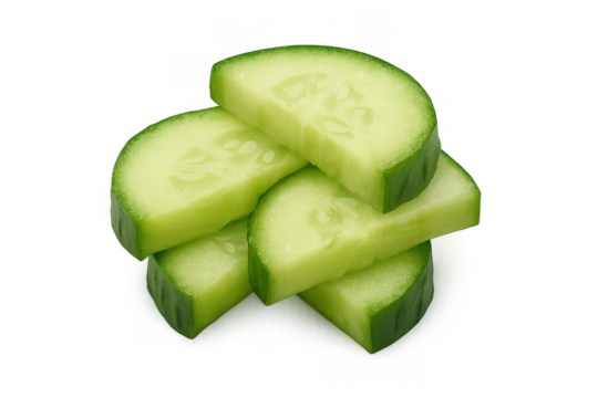 Semicircle cucumber slices stacked, creating a fresh healthy vegetable food ingredient, transparent background