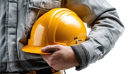 Building a Safe Future: A construction worker's hand firmly holds a bright yellow helmet, symbolizing safety and dedication in the demanding world of construction.