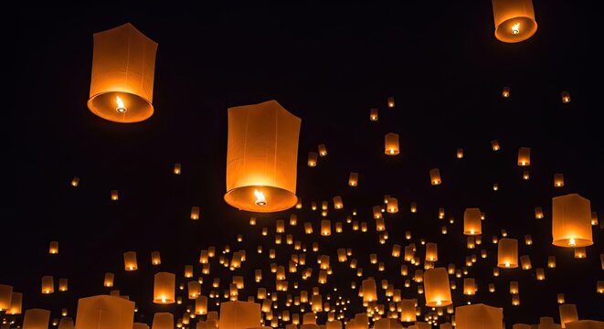 Thousands of glowing lanterns illuminate the dark night sky - Powered by Adobe