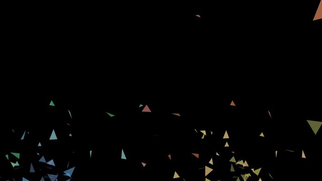 Scattered colorful triangles floating against a dark black background in a random pattern