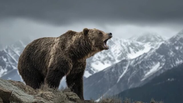 A large brown bear roars from a rocky hillside with a backdrop of snow-capped mountains under a cloudy sky